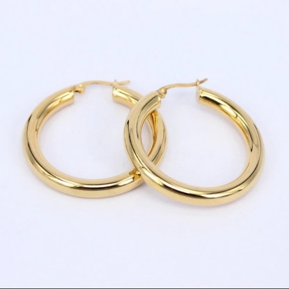 ¥NEW 18K YELLOW GOLD ROUND 1.2” Tube HOOP EARRINGS - Picture 6 of 6